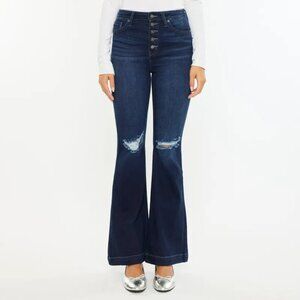 Kancan Button Fly High Rise Distressed Flare Jeans